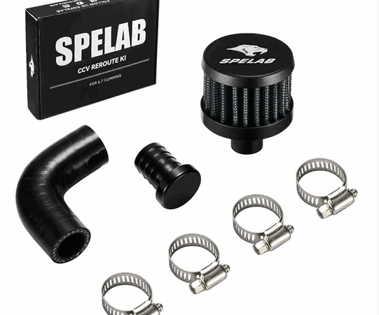 Car engine breather valve kit with clamps and elbow pipe.