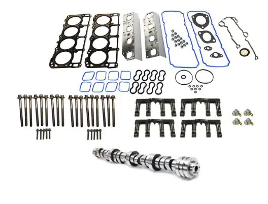 Complete engine gasket and camshaft kit with bolts and seals.