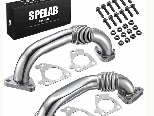 Two silver exhaust manifolds with gaskets and bolts kit.