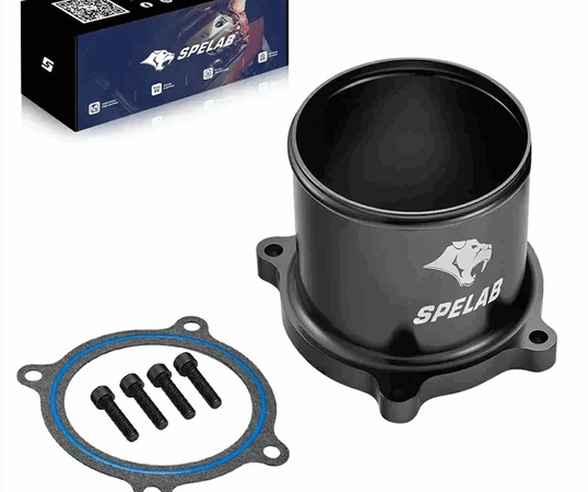 Specialized black metal automotive component with screws and gasket.