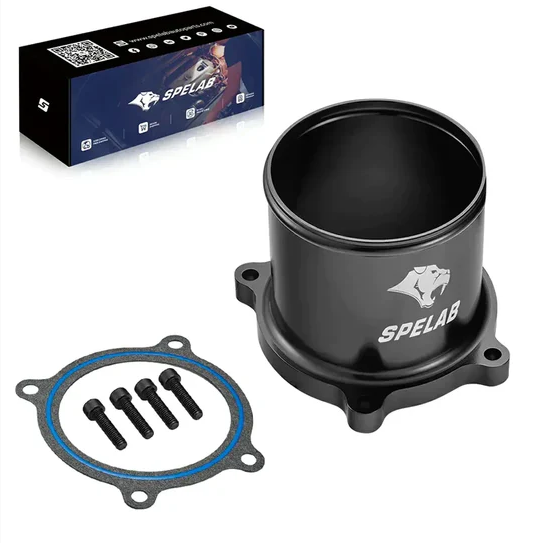 Specialized black metal automotive component with screws and gasket.