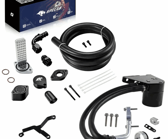 A set of automotive parts and accessories laid out neatly.