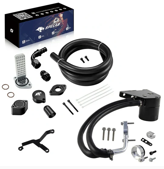 A set of automotive parts and accessories laid out neatly.