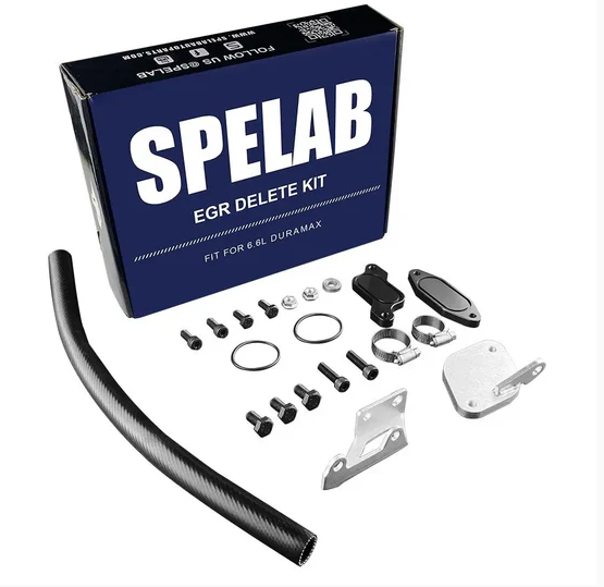 Spelab EGR delete kit with various components and hose.