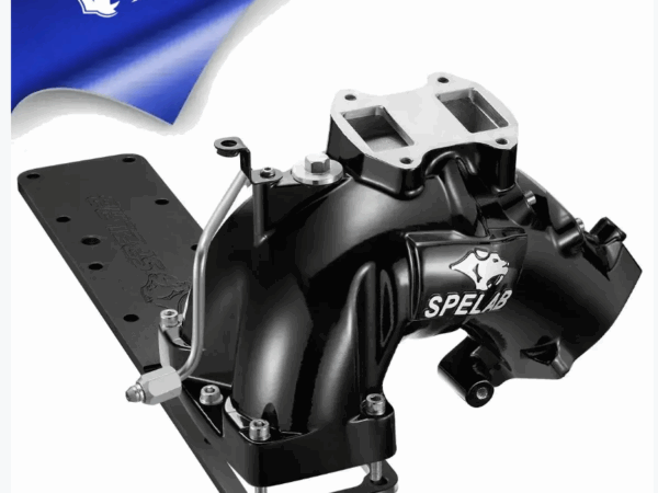 Black automotive intake manifold with a blue and white background.
