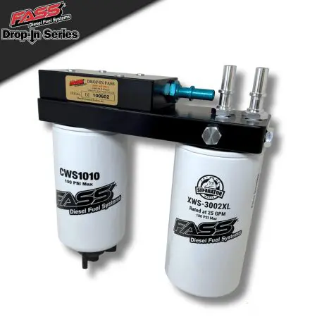 Dual fuel filters with a mounting bracket for heavy-duty use.