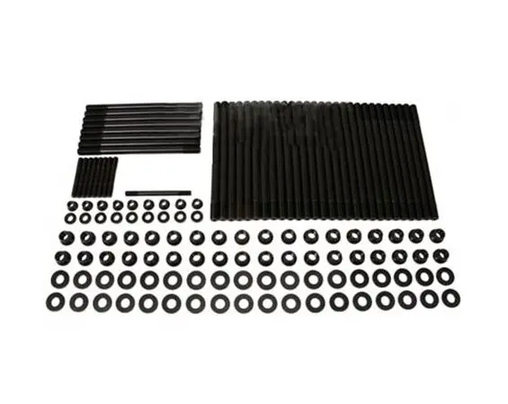 Assorted black bolts and washers arranged neatly.