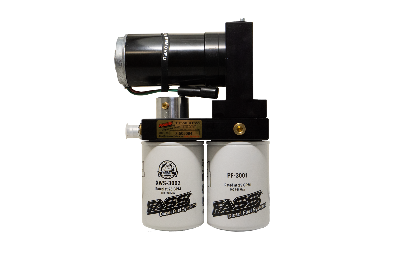 Dual white oil filters with a black motor pump assembly.