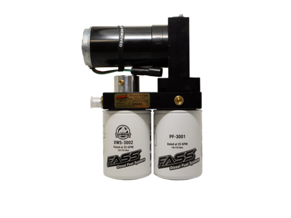 Dual white fuel filters with black mounting bracket and motor.