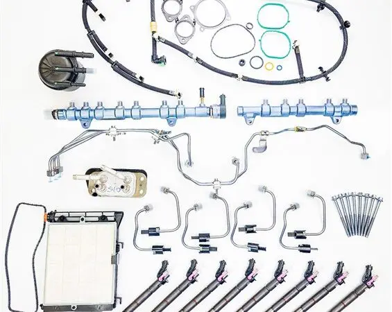 Diesel engine fuel system components arrayed neatly.