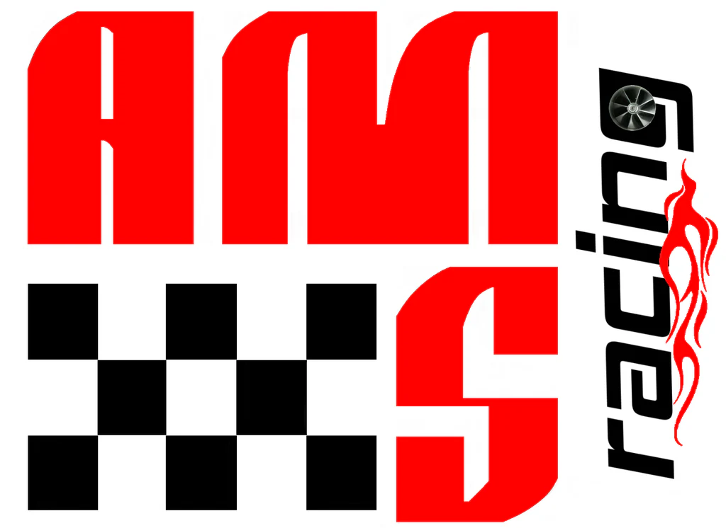 Checkered AMS logo with racing wheel design