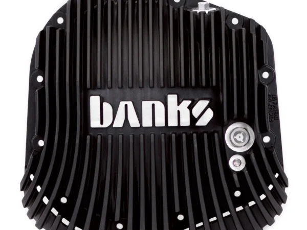 Black ridged automotive part with "Banks" logo.