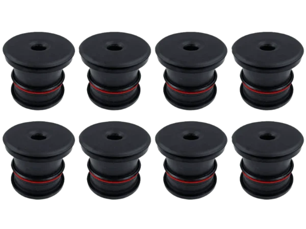 Eight black rubber stoppers with red rings.